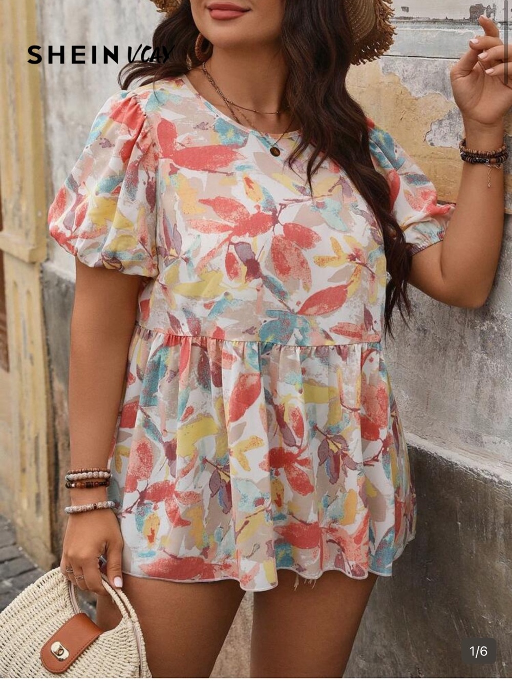 EUC SHEIN Floral Puff-Sleeve Babydoll Top - Coral, Yellow & Blue size 1X